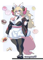Rule 34 | 1girl, absurdres, animal ears, animal nose, black necktie, black ribbon, black sleeves, black thighhighs, blonde hair, blue eyes, blush, body fur, breasts, commentary, detached collar, detached sleeves, dress, fangs, food, fox, fox ears, fox girl, fox tail, furry, furry female, hair ribbon, highres, large breasts, long hair, maid, maid headdress, necktie, ookami0201, open mouth, original, pink fur, ribbon, simple background, solo, standing, tail, thick thighs, thighhighs, thighs, two-tone fur, white fur, wide sleeves, wrist cuffs