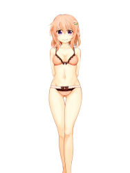 Rule 34 | 1girl, :&gt;, arms behind back, blush, bow, bow bra, bow panties, bra, breasts, brown hair, cleavage, closed mouth, collarbone, gluteal fold, gochuumon wa usagi desu ka?, hair between eyes, hair ornament, hairclip, hoto cocoa, looking at viewer, medium breasts, navel, panties, pink bra, pink panties, purple eyes, simple background, smile, solo, standing, tewo, thigh gap, underwear, underwear only, white background