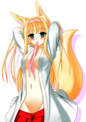 Rule 34 | 1girl, animal ears, arms up, blonde hair, blush, breasts, fox ears, fox tail, green eyes, hairband, himeka chiyako, large breasts, long hair, minaha (playjoe2005), mouth hold, navel, no bra, no panties, open clothes, open shirt, original, ribbon, shirt, simple background, skirt, solo, tail, white background