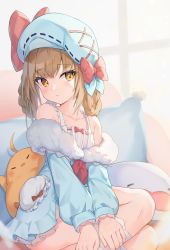 Rule 34 | 1girl, :&lt;, absurdres, azur lane, bare shoulders, blue hat, blue jacket, bow, braid, braided hair rings, brown hair, closed mouth, collarbone, eyes visible through hair, frills, fur trim, gremyashchy (a daytime delight is in a book) (azur lane), gremyashchy (azur lane), hair rings, hat, hat bow, highres, jacket, long sleeves, looking to the side, manjuu (azur lane), medium hair, mishuo (misuo69421), multiple braids, neckerchief, nightgown, off-shoulder jacket, off shoulder, official alternate costume, pillow, pink bow, red neckerchief, sitting, socks, solo, striped clothes, striped socks, stuffed animal, stuffed seal, stuffed toy, yellow eyes, yokozuwari