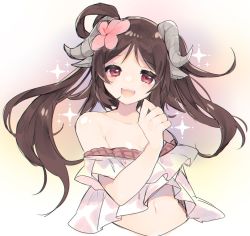 Rule 34 | 1girl, animal ears, arknights, bikini, blush, breasts, brown hair, collarbone, cropped torso, eyjafjalla (arknights), eyjafjalla (summer flower) (arknights), hand up, happy, horns, long hair, looking at viewer, medium breasts, navel, off-shoulder bikini, off shoulder, official alternate costume, open mouth, red eyes, sheep ears, sheep girl, sheep horns, simple background, solo, sparkle, swimsuit, teeth, tomatoritori, upper body, white background, white bikini