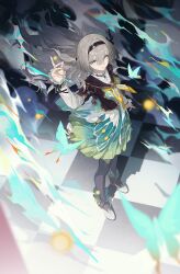 Rule 34 | 1girl, aqua skirt, arm up, black hairband, black jacket, black thighhighs, checkered floor, closed mouth, cropped jacket, fire, firefly (honkai: star rail), floating hair, from above, full body, grey hair, hair between eyes, hair intakes, hairband, hand up, highres, honkai: star rail, honkai (series), jacket, lettereast, looking at viewer, looking up, neckerchief, orange neckerchief, shadow, shirt, skirt, solo, thighhighs, two-tone eyes, white footwear, white shirt, yellow neckerchief