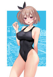 Rule 34 | 1girl, arm behind back, black one-piece swimsuit, breasts, brown eyes, commentary request, competition swimsuit, contrapposto, covered navel, cowboy shot, hair ribbon, highres, large breasts, light brown hair, looking at viewer, one-piece swimsuit, original, ribbon, sabi1234, short hair, solo, standing, swimsuit