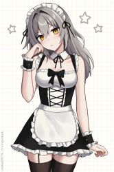 Rule 34 | 1girl, apron, artist name, bare shoulders, black dress, black ribbon, black thighhighs, black wrist cuffs, breasts, cleavage, collarbone, commentary request, dress, frilled wrist cuffs, frills, grey hair, grid background, hair between eyes, hair intakes, hand on own face, highres, honkai: star rail, honkai (series), light blush, long hair, looking at viewer, maid, maid apron, maid headdress, medium breasts, nail polish, parted lips, ribbon, sidelocks, solo, standing, stelle (honkai: star rail), thighhighs, trailblazer (honkai: star rail), twitter username, vickie (cryingrobot), white background, wrist cuffs, yellow eyes, yellow nails