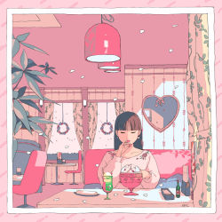 Rule 34 | 1girl, aorkgk, black hair, blunt bangs, cafe, chair, cherry blossoms, closed eyes, collarbone, cup, drink, drinking glass, drinking straw, earrings, food, fruit, heart, highres, holding, ice, indoors, jewelry, leaf, long hair, long sleeves, mirror, original, plant, restaurant, sitting, solo, spring (season), table, window, wreath