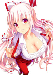 Rule 34 | 1girl, blunt bangs, bow, breasts, cleavage, from above, fujiwara no mokou, hair bow, hijikawa arashi, large breasts, lips, long hair, looking at viewer, open clothes, open collar, open shirt, pants, parted lips, red eyes, sarashi, shirt, simple background, smile, solo, suspenders, touhou, very long hair, white background, white bow, white hair, white shirt