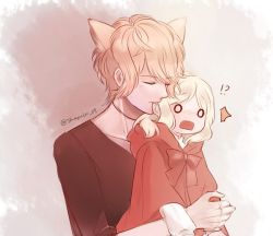 Rule 34 | !?, 1boy, 1girl, ^^^, age difference, aged down, animal ears, big bad wolf (cosplay), biting, black shirt, blonde hair, blush, cape, child, choker, closed eyes, collarbone, cosplay, diabolik lovers, hetero, holding, hood, komori yui, little red riding hood, little red riding hood (grimm), little red riding hood (grimm) (cosplay), manmosu, o o, older man and younger girl, open mouth, petite, rejet, ribbon, sakamaki shuu, shirt, simple background, size difference, surprised, twitter username, upper body, wolf ears
