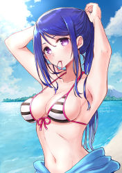Rule 34 | 10s, 1girl, adjusting hair, armpits, arms up, bad id, bad pixiv id, beach, bikini, blue hair, blue sky, breasts, cleavage, cloud, collarbone, commentary request, dated, day, hair between eyes, highres, long hair, looking at viewer, love live!, love live! sunshine!!, matsuura kanan, medium breasts, miyamae porin, mouth hold, navel, ponytail, purple eyes, sky, solo, striped bikini, striped clothes, swimsuit