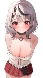 Rule 34 | 1girl, absurdres, arms behind head, bare shoulders, black collar, black hair, blush, breasts, cleavage, closed mouth, collar, ear piercing, grey hair, hair ornament, highres, hololive, large breasts, looking at viewer, medium hair, mikumineko, multicolored hair, piercing, plaid, plaid skirt, red eyes, red skirt, sakamata chloe, shirt, simple background, skirt, solo, streaked hair, virtual youtuber, white background, white shirt, x hair ornament