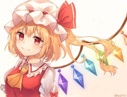 Rule 34 | 1girl, ascot, blonde hair, breasts, closed mouth, collared shirt, crystal, flandre scarlet, frilled shirt collar, frilled sleeves, frills, glowing, glowing wings, gradient background, hat, hat ribbon, head tilt, highres, long hair, looking at viewer, mob cap, multicolored wings, one side up, puffy short sleeves, puffy sleeves, red eyes, red ribbon, red vest, ribbon, ribbon-trimmed headwear, ribbon trim, runa (runa7733), shirt, short sleeves, simple background, small breasts, smile, solo, touhou, twitter username, upper body, vest, white background, white hat, white shirt, wings, yellow ascot, yellow background