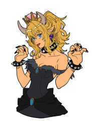 Rule 34 | 1girl, bare shoulders, black dress, black nails, blonde hair, blue eyes, bowsette, bracelet, collar, dress, earrings, highres, horns, jewelry, long hair, looking at viewer, mario (series), nail polish, new super mario bros. u deluxe, nintendo, okada (hoooojicha), pointy ears, sidelocks, simple background, solo, spiked bracelet, spiked collar, spikes, super crown, tongue, tongue out, white background