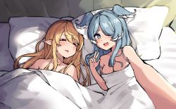 Rule 34 | 2girls, :d, animal ears, bed, bed sheet, blonde hair, blue eyes, blue hair, blush, breasts, cleavage, commentary, dragon ears, elira pendora, english commentary, fang, from above, hair over one eye, head wings, highres, implied yuri, long hair, looking at viewer, medium breasts, multiple girls, nijisanji, nijisanji en, open mouth, parted lips, pillow, pointy ears, pomu rainpuff, seion, selfie, sleeping, smile, strap slip, v, virtual youtuber, wings