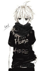 Rule 34 | &gt;:(, 1boy, adjusting clothes, ahoge, anzu (o6v6o), badge, belt, button badge, casual, character name, clothes writing, greyscale, kagamine len, male focus, monochrome, scarf, shirt, short sleeves, simple background, solo, t-shirt, upper body, vocaloid, white background