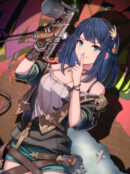 Rule 34 | 1girl, absurdres, black hair, blue eyes, breasts, cleavage, commentary request, ear piercing, finger to mouth, gloves, graffiti, granblue fantasy, hairband, highres, illnott, large breasts, paint gun, piercing, ribbed shirt, shirt, shorts, shushing, single glove, umiboozu (uminoyoukai)