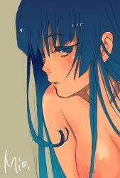 Rule 34 | 1girl, akiyama mio, blue eyes, blue hair, blush, breasts, completely nude, female focus, hime cut, k-on!, large breasts, long hair, matching hair/eyes, nude, open mouth, sketch, solo, tacomi