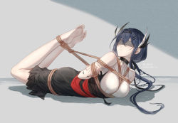 Rule 34 | 1girl, arknights, arms behind back, bare legs, bare shoulders, barefoot, bdsm, black skirt, blindfold, blue hair, bondage, bound, breasts, cantabile (arknights), chenjiyan y, chinese commentary, commentary request, feather hair, grey background, hair between eyes, hair ornament, hairclip, highres, hogtie, large breasts, long hair, lying, mole, mole under eye, on stomach, rope, shirt, skirt, sleeveless, sleeveless shirt, solo