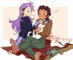 2girls amity_blight animal brown_hair carpet cat couple eyebrow_cut ghost_(the_owl_house) holding holding_animal holding_cat kuma20151225 luz_noceda multiple_girls paw_print_soles pointy_ears purple_hair scar scratching_chin sitting sleeping socks stringbean_(the_owl_house) sweater the_owl_house yuri