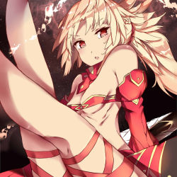 Rule 34 | 1girl, arm up, blonde hair, braid, breasts, detached collar, detached sleeves, fate/apocrypha, fate (series), hair ornament, highres, kyuu (plastic night q), medium breasts, midriff, mordred (fate), mordred (fate/apocrypha), open mouth, ponytail, red eyes, solo