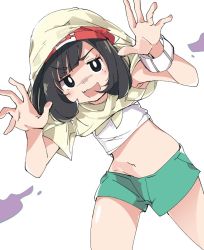 Rule 34 | 1girl, :d, beanie, black eyes, black hair, creatures (company), game freak, green shorts, hat, ixy, looking at viewer, midriff, navel, nintendo, open mouth, pokemon, pokemon sm, red hat, selene (pokemon), short hair, short sleeves, shorts, simple background, smile, solo, white background