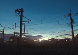 Rule 34 | anyotete, building, car, city, cityscape, cloud, commentary, crescent moon, day, fence, film grain, highres, house, moon, motor vehicle, no humans, original, outdoors, power lines, railroad tracks, road, scenery, sky, sunset, utility pole, window