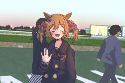 Rule 34 | 1boy, 2girls, animal ears, black coat, bow, brown hair, buttons, coat, double-breasted, facing viewer, hair bow, hair ribbon, highres, horse ears, horse girl, horse racing track, long sleeves, multiple girls, nakayama racecourse, oowada hitomi, photo-referenced, pink bow, purple bow, purple ribbon, rakugakiraid, real life, ribbon, smart falcon (umamusume), solo focus, twintails, umamusume, voice actor connection, yellow bow