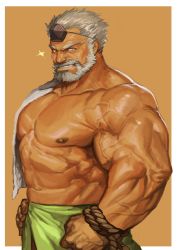 Rule 34 | 1boy, absurdres, bara, bare pectorals, beard, brown background, brown eyes, clenched hand, facial hair, hand on own hip, highres, hogen (housamo), horns, looking at viewer, male focus, muscular, muscular male, mustache, nipples, pectorals, topless male, simple background, single horn, smile, solo, sparkle, standing, tokyo houkago summoners, towel on one shoulder, traver009, veins, white hair