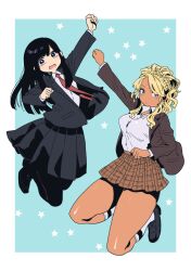 Rule 34 | 2girls, aqua background, arm up, black footwear, black hair, black jacket, black pantyhose, black skirt, blazer, blonde hair, border, breasts, brown eyes, brown jacket, brown skirt, closed mouth, commentary request, food court de mata ashita, full body, gyaru, highres, jacket, jumping, large breasts, loafers, long hair, looking at viewer, multiple girls, nariie shin&#039;ichirou, necktie, open clothes, open jacket, open mouth, outside border, pantyhose, plaid clothes, plaid skirt, pleated skirt, red necktie, shirt, shoes, skirt, small breasts, socks, star (symbol), starry background, straight hair, swept bangs, tan, thighs, wada (food court), wavy hair, white border, white shirt, white socks, yamamoto (food court)