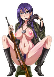 Rule 34 | 1girl, ass, bad id, bad pixiv id, belly, between breasts, between legs, between thighs, biting, black gloves, black legwear, blush, bolt action, boots, bottomless, breasts, breasts out, buttons, censored, collarbone, colored pubic hair, combat helmet, covering privates, dress shirt, expressionless, female pubic hair, fingernails, full body, glove biting, gloves, gun, hair between eyes, hand to own mouth, unworn headwear, helmet, unworn helmet, highres, himeshima koukichi, holding, karabiner 98k, kazumiya rio, knee boots, knees, lanyard, large areolae, large breasts, legs, long fingernails, long hair, long legs, looking at viewer, loose clothes, loose shirt, military, military uniform, mosaic censoring, mouth hold, naked shirt, navel, nipples, open clothes, open shirt, pubic hair, puffy nipples, purple eyes, purple hair, pussy, rifle, rubber boots, shiny skin, shirt, sidelocks, simple background, single glove, sitting, sitting on object, sniper rifle, solo, sora no woto, spread ass, spread legs, squatting, stahlhelm, strap, symmetry, thick thighs, thighs, unbuttoned, uniform, watch, weapon, wehrmacht, white background, wing collar, wristwatch