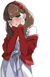 Rule 34 | 1girl, :o, blunt bangs, blush, bow hairband, breasts, brown hair, cardigan, cleavage, dress, full-face blush, green eyes, hairband, hands on own cheeks, hands on own face, highres, idolmaster, idolmaster cinderella girls, long sleeves, looking at viewer, medium breasts, red cardigan, red hairband, ru u un, sakuma mayu, simple background, sleeveless, sleeveless dress, solo, white background, white dress