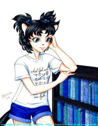 Rule 34 | 00s2004, 1girl, animal ears, bewildered, bible verse, black hair, blue eyes, blue shorts, book, bookshelf, breasts, cat ears, cat girl, cat tail, clothes writing, denim, denim shorts, hair bobbles, hair ornament, looking at viewer, math, shirt, short hair, short sleeves, shorts, small breasts, smile, solo, tail, traditional media, twintails, white background, white shirt