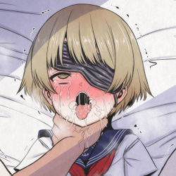 Rule 34 | 1boy, 1girl, ahegao, asphyxiation, bed sheet, blouse, blue sailor collar, blush, brown eyes, brown hair, copyright request, implied sex, lying, mame rakko, on back, on bed, paid reward available, red neckwear, rolling eyes, sailor collar, saliva, school uniform, serafuku, shirt, short hair, short sleeves, steaming body, tears, tongue, tongue out, trembling, veins, veiny hands, white shirt