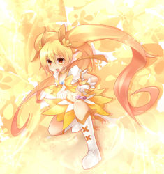 Rule 34 | 10s, 1girl, blonde hair, boots, bow, brooch, cure sunshine, hair ribbon, heart, heart brooch, heartcatch precure!, highres, knee boots, kneeling, long hair, magical girl, mamuru, midriff, myoudouin itsuki, navel, open mouth, orange eyes, precure, ribbon, skirt, solo, twintails, yellow background, yellow bow, yellow skirt, yellow theme