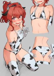 Rule 34 | 1girl, animal ears, animal print, arashi (kancolle), ass, back, blush, breasts, brown eyes, brown hair, cow ears, cow horns, cow print, cow print bikini, elbow gloves, female focus, gloves, highres, horns, kantai collection, kneeling, large breasts, long hair, looking at viewer, open mouth, ponytail, print bikini, simple background, solo, sweat, teeth, thighhighs, tsurugi (the horizon)