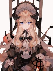Rule 34 | 1girl, arknights, black dress, black hat, black ribbon, blue eyes, cage, candle, demon horns, dress, hat, highres, holding, holding lantern, horns, lantern, neck ribbon, nightingale (an elegy) (arknights), nightingale (arknights), official alternate costume, pumpkin, qi cha chunyu, ribbon, simple background, solo, upper body, white background