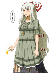 Rule 34 | 1girl, azuman, blunt bangs, bow, casual, cigarette, dress, female focus, fire, fujiwara no mokou, green dress, hair bow, jewelry, long hair, middle finger, necklace, pendant, profanity, red eyes, short sleeves, simple background, smoking, solo, touhou, translated, watch, white background, white hair