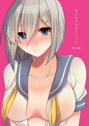 Rule 34 | 10s, 1girl, bad id, bad pixiv id, blue eyes, blush, breasts, collarbone, female focus, hair between eyes, hair ornament, hairclip, hamakaze (kancolle), kantai collection, large breasts, looking at viewer, open clothes, pink background, school uniform, serafuku, shisei (kyuushoku banchou), short hair, silver hair, simple background, smile, solo, translation request