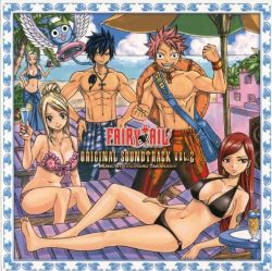 Rule 34 | 2boys, 3girls, bag, bikini, breasts, cd, cleavage, cover, drink, earrings, erza scarlet, fairy tail, gray fullbuster, happy (fairy tail), jewelry, large breasts, lucy heartfilia, mashima hiro, mirajane strauss, multiple boys, multiple girls, muscular, natsu dragneel, necklace, red hair, soundtrack, swimsuit, tattoo