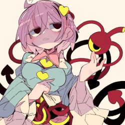 Rule 34 | 1girl, @ @, black eyes, blue shirt, breasts, hair between eyes, heart, highres, komeiji satori, long sleeves, looking to the side, massakasama, medium breasts, open mouth, pink hair, pointing, shirt, short hair, simple background, solo, third eye, touhou, upper body, white background, wide sleeves