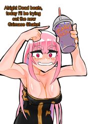 Rule 34 | 1girl, absurdres, bare shoulders, black dress, breasts, cleavage, commentary, cup, dress, drinking straw, english commentary, grimace shake (meme), highres, holding, holding cup, hololive, hololive english, koizumi arata, large breasts, long hair, looking at viewer, meme, mori calliope, mori calliope (1st costume), pink eyes, pink hair, pointing, simple background, smile, solo, strapless, strapless dress, upper body, virtual youtuber, white background