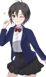 Rule 34 | 1girl, absurdres, antenna hair, black eyes, black hair, black skirt, blue jacket, bow, bowtie, collared shirt, hair between eyes, heart, highres, idolmaster, idolmaster (classic), idolmaster 2, jacket, kikuchi makoto, light blush, long sleeves, looking at viewer, mogskg, one eye closed, pleated skirt, red bow, red bowtie, shirt, shirt tucked in, short hair, simple background, skirt, smile, solo, white background, white shirt