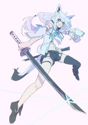 Rule 34 | 1girl, ahoge, animal ears, asymmetrical hair, black footwear, black shorts, black thighhighs, blue eyes, boots, braid, breasts, closed mouth, commentary, detached sleeves, fox ears, fox girl, fox tail, full body, glint, hair between eyes, highres, holding, holding sword, holding weapon, hololive, hood, hoodie, katana, long hair, looking at viewer, medium breasts, midriff, navel, ontama, pink background, scabbard, sheath, shirakami fubuki, shirakami fubuki (1st costume), short shorts, shorts, side braid, side slit, simple background, single braid, single thighhigh, smile, solo, sword, tail, thigh strap, thighhighs, unsheathed, virtual youtuber, weapon, white hair, white hoodie, wide sleeves