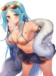 Rule 34 | 1girl, arm strap, armpits, bare shoulders, bikini, bikini top only, blue hair, blue skirt, breasts, blowing bubbles, chewing gum, cleavage, collarbone, eyewear on head, fur trim, girls&#039; frontline, green eyes, halterneck, highres, jacket, large breasts, leaning forward, long hair, long sleeves, looking at viewer, m249 saw (arctic fox) (girls&#039; frontline), m249 saw (girls&#039; frontline), naso4, navel, nipples, o-ring, off shoulder, official alternate costume, parted bangs, see-through, simple background, skirt, solo, star (symbol), star tattoo, sunglasses, swimsuit, tattoo, very long hair, white background