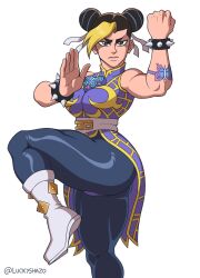 Rule 34 | 1girl, ass, bare shoulders, blonde hair, boots, bracelet, breasts, brown hair, butterfly tattoo, capcom, chun-li, crossover, double bun, dress, fusion, hair bun, hair ornament, highres, jewelry, jojo no kimyou na bouken, kuujou jolyne, large breasts, luckyshazo, multicolored hair, simple background, spiked bracelet, spikes, stone ocean, street fighter, tattoo, two-tone hair, white footwear