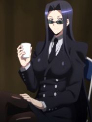 Rule 34 | 10s, 1girl, business suit, formal, glasses, gradient background, highres, looking over eyewear, looking over glasses, monster musume no iru nichijou, ms. smith, screencap, sitting, smile, solo, stitched, suit, sunglasses, third-party edit, tinted eyewear