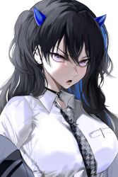 Rule 34 | 1girl, alternate breast size, angry, black collar, black hair, blazer, blue hair, blue horns, breast pocket, breasts, collar, collared shirt, cross, cross earrings, demon girl, demon horns, dow suitable, dress shirt, earrings, frown, grey jacket, grey necktie, highres, horns, houndstooth, ichinose uruha, ichinose uruha (6th costume), jacket, jewelry, large breasts, long sleeves, looking at viewer, multicolored hair, necktie, off shoulder, official alternate costume, official alternate hairstyle, open mouth, pocket, purple eyes, school uniform, scowl, shirt, simple background, solo, streaked hair, two side up, v-shaped eyebrows, virtual youtuber, vspo!, white background, white shirt, wing collar