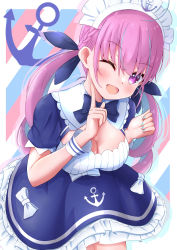 Rule 34 | 1girl, ;d, absurdres, anchor symbol, blue dress, blue hair, blue nails, blush, bow, breasts, cleavage, commentary request, diagonal stripes, dress, frilled dress, frills, hair between eyes, hands up, highres, hololive, index finger raised, long hair, looking at viewer, maid headdress, medium breasts, minato aqua, minato aqua (1st costume), multicolored hair, nail polish, neko punch (user hddm3373), one eye closed, open mouth, pink hair, puffy short sleeves, puffy sleeves, purple eyes, short sleeves, smile, solo, striped, striped background, twintails, two-tone hair, very long hair, virtual youtuber, white bow