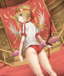 Rule 34 | &gt;:), 1girl, aestus estus, ahoge, ass, blonde hair, blurry, blush, braid, buruma, c:, closed mouth, depth of field, fate/grand order, fate (series), french braid, green eyes, gym shirt, gym uniform, hair bun, hair intakes, hairband, highres, holding, holding sword, holding weapon, indoors, kneepits, legs apart, looking at viewer, looking back, nero claudius (fate), nero claudius (fate) (all), nero claudius (fate/extra), nero claudius (olympian bloomers) (fate), official alternate costume, profile, reinama, shirt, short hair, sidelocks, single hair bun, smile, solo, standing, sword, t-shirt, thighs, tsurime, v-shaped eyebrows, weapon, white shirt