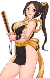 Rule 34 | 1girl, alternate color, bare shoulders, blush, breasts, brown hair, cleavage, closed mouth, commentary request, crossed arms, fatal fury, hand fan, highres, holding, japanese clothes, large breasts, lips, long hair, looking at viewer, ninja, parted bangs, pelvic curtain, ponytail, rope, shigenobu, shiny skin, shiranui mai, simple background, sleeveless, smile, snk, solo, the king of fighters, thighs, white background