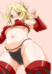 Rule 34 | 1girl, ^^^, armpits, bandeau, bare arms, belly, black panties, black thighhighs, blonde hair, blush, boots, breasts, breasts apart, cowboy shot, detached sleeves, fate/apocrypha, fate/grand order, fate (series), from below, gluteal fold, green eyes, hands up, looking at viewer, looking down, medium breasts, mordred (fate), mordred (fate/apocrypha), navel, nose blush, o-ring, o-ring bottom, open mouth, panties, pink background, ponytail, red bandeau, red thighhighs, robisonjr, sidelocks, simple background, solo, standing, stomach, thigh boots, thighhighs, underboob, underwear, v-shaped eyebrows