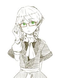 Rule 34 | 1girl, adjusting eyewear, ascot, bespectacled, blush, braid, female focus, frown, glasses, green eyes, kawashina (momen silicon), mizuhashi parsee, monochrome, pointy ears, short hair, solo, spot color, touhou, twin braids